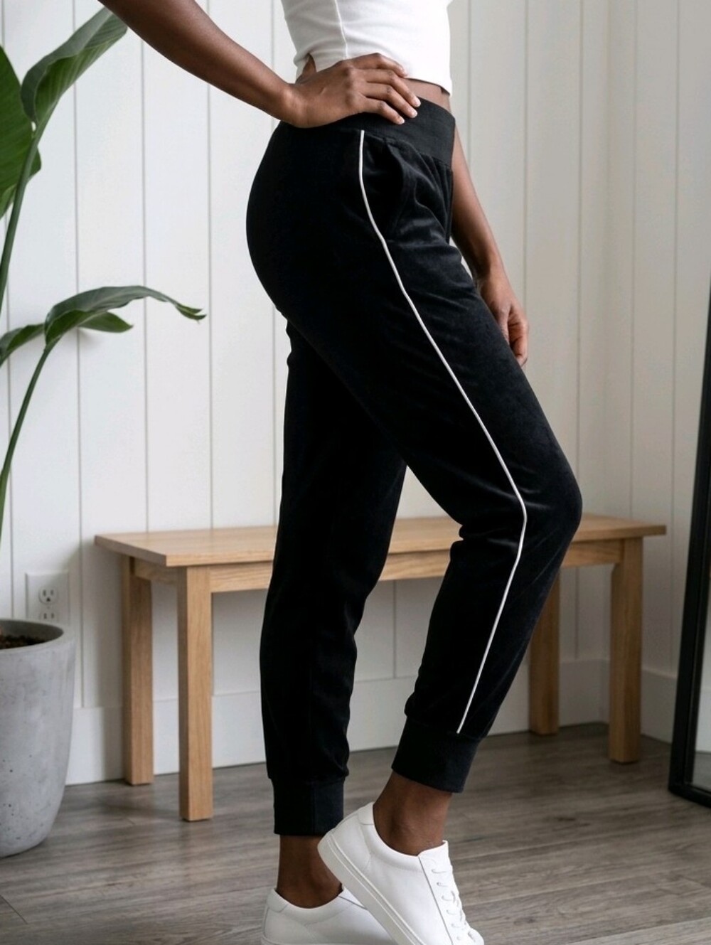 Athleta Venice High Rise Track Stripe Joggers Black White Stripe Sz M Tall